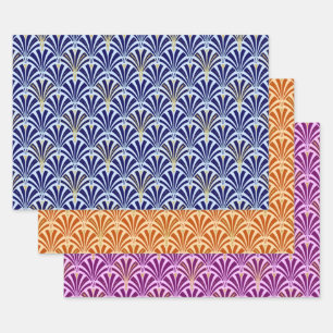 Art Deco Lüftermuster, Dunkelblau, Orange, Violet Geschenkpapier Set