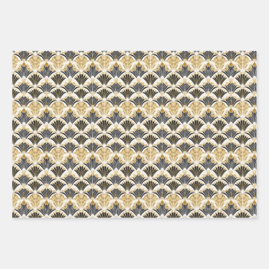 Art Deco Lüftermuster in Schwarz & Gold auf Weiß Geschenkpapier Set (Vorderseite 2)