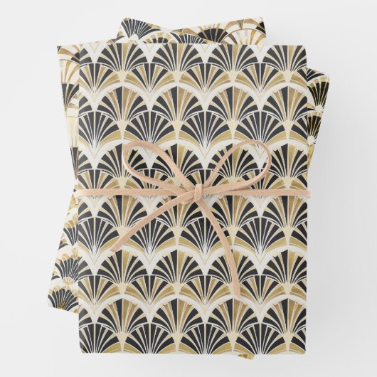 Art Deco Lüftermuster in Schwarz & Gold auf Weiß Geschenkpapier Set (Beispiel)