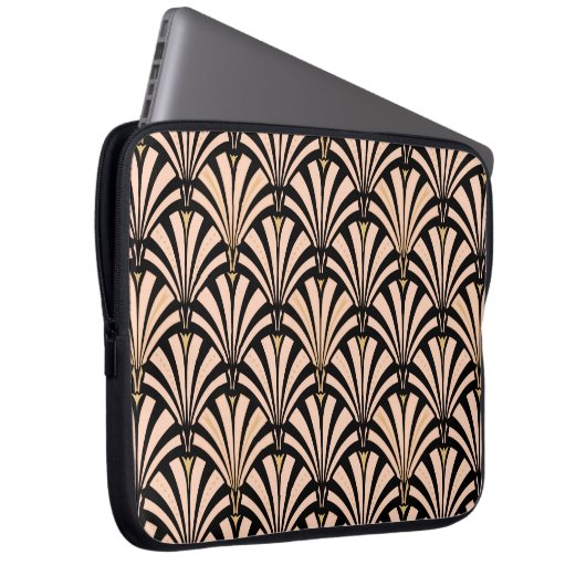 Art-Deco-Lüftermuster - Pfirsich auf schwarz Laptopschutzhülle (Vorne Rechts)