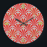Art Deco Lüftermuster - rot auf Perlgrau Große Wanduhr<br><div class="desc">Digitale Reproduktion eines klassischen,  Art-Deco-Tapete-Fanmusters - reich,  lippenrot auf Perlgrau,  mit Gold verziert</div>