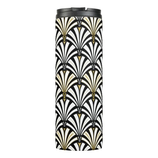 Art Deco Lüftermuster, Schwarz und Weiß Thermosbecher (Rückseite)
