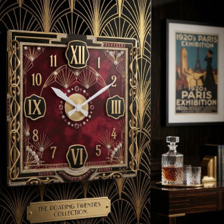 Art Deco Luxury Red Velvet & Gold Gemstone Pavé Quadratische Wanduhr