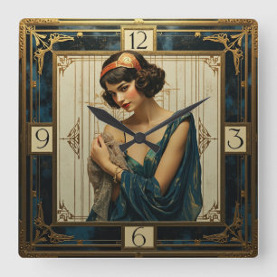 Art Deco Mädchen Quadratische Wanduhr