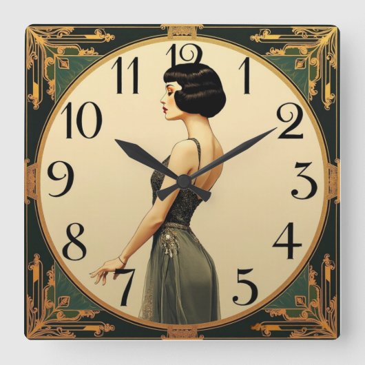 Art Deco Mädchen Quadratische Wanduhr (Vorderseite)