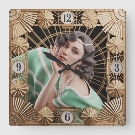 Art Deco Mädchen Quadratische Wanduhr (Vorderseite)