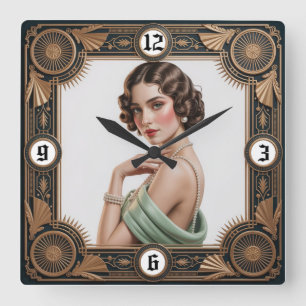 Art Deco Mädchen Quadratische Wanduhr