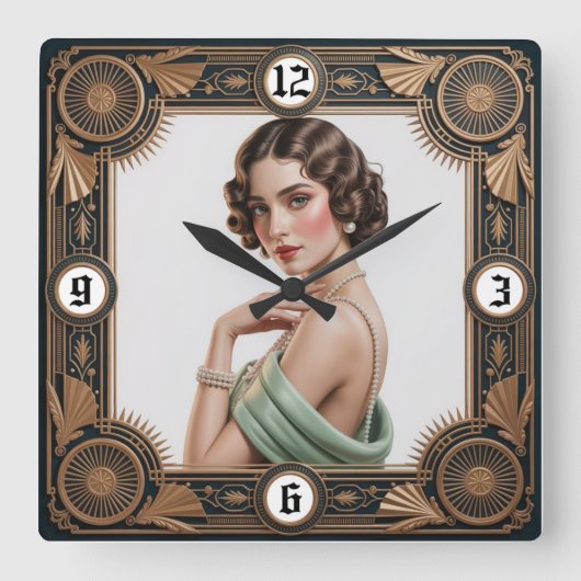 Art Deco Mädchen Quadratische Wanduhr (Vorderseite)