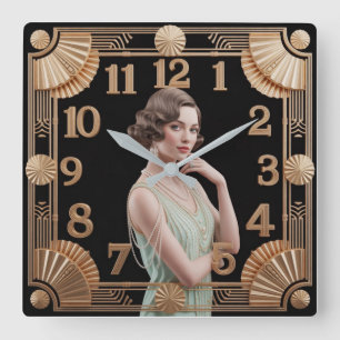 Art Deco Mädchen Quadratische Wanduhr