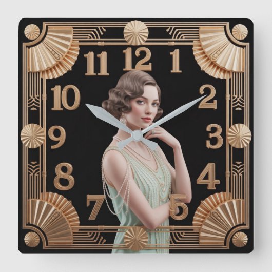 Art Deco Mädchen Quadratische Wanduhr (Vorderseite)