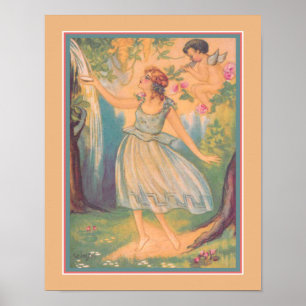 Art Deco "Mädchen und Cupid am Wasserfall" Poster