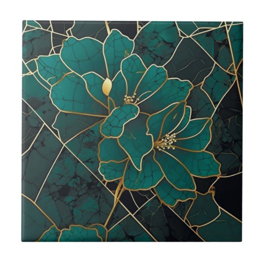 Art Deco Marble Mosaik Floral Emerald Green & Gold Fliese (Vorderseite)