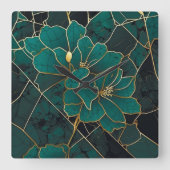 Art Deco Marble Mosaik Floral Emerald Green & Gold Quadratische Wanduhr (Vorderseite)