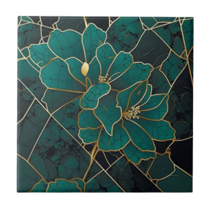 Art Deco Marmor Mosaik Floral Smaragdgrün & Gold Fliese