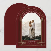Art Deco Maroon Rote Bronze Arch Save the Date Einladung (Vorne/Hinten)
