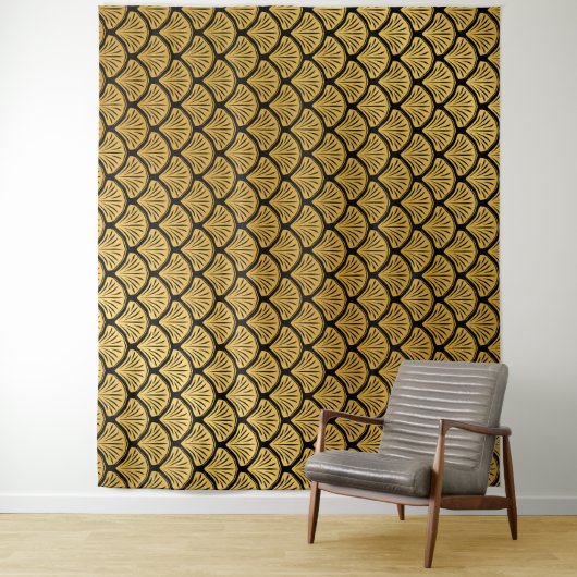 Art Déco Meerjungfrauenskala - Schwarz & Gold Wandteppich (Beispiel)