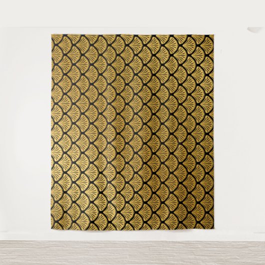 Art Déco Meerjungfrauenskala - Schwarz & Gold Wandteppich (Vorderseite)