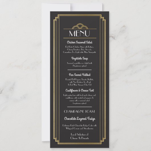 Art Deco Menü Gold Black Wedding Empfang Einladung (Vorderseite)