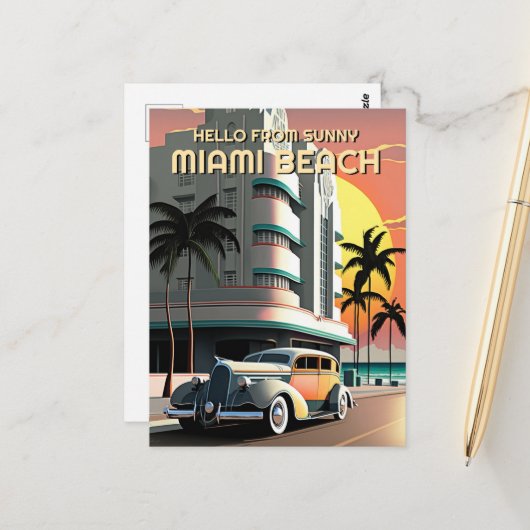 Art Deco Miami Beach Drive Sunset Postkarte (Vorderseite/Rückseite Beispiel)