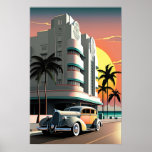 Art Deco Miami Beach Ocean Drive Sonnenuntergang i Poster<br><div class="desc">Airbrush-Malerei eines Sonnenuntergangs in Miami Beach in den 1930er Jahren mit einem stilvollen Art-Deco-Hotel und einem luxuriösen Roadster entlang des Ocean Drive. Das ist ein weiteres 100% originelles Schnürhammer Design.</div>