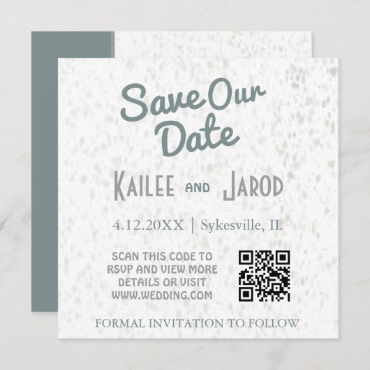 Art Deco Minimalistischer Aquamariner und grauer Q Save The Date (Vorne/Hinten)