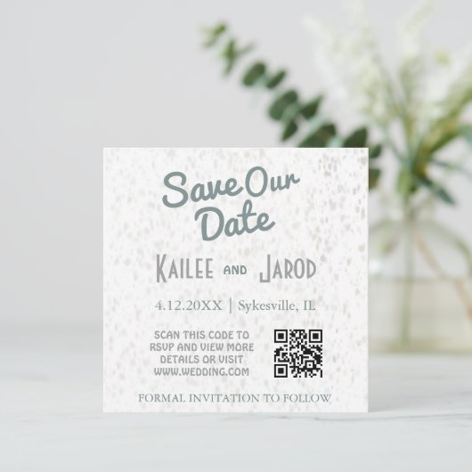 Art Deco Minimalistischer Aquamariner und grauer Q Save The Date (Stehend Vorderseite)