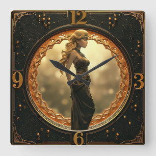 Art Deco mit Fantasy-Mädchen Quadratische Wanduhr