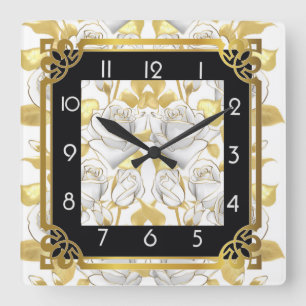 Art Déco mit goldenen Rose Quadratische Wanduhr