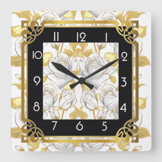 Art Déco mit goldenen Rose Quadratische Wanduhr (Vorderseite)