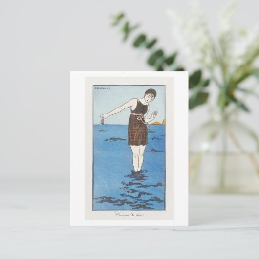 Art Deco Modefläche von Swimsuit von Barbier Postkarte (Stehend Vorderseite)