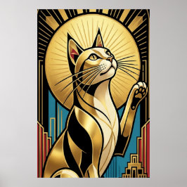 Art Deco Modern Golden Tuxedo Cat Wall Art Poster