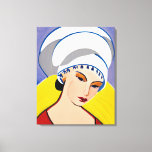 Art Deco Moderne Dame in einem Turban Leinwanddruck<br><div class="desc">Leinwand in einem modernen,  halb abstrakten Art-Déco-Porträt einer Dame in Rot mit weißem Turban,  gelb und blau-grau-Hintergrund inspiriert</div>