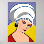 Art Deco Moderne Dame in einem Turban Poster<br><div class="desc">Poster in einem modernen,  halb abstrakten Art-Déco-Portrait einer Dame in Rot mit weißem Turban,  gelb und blau-grau-Hintergrund</div>