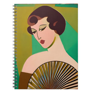 Art Deco Moderne Dame mit Fan Notizblock
