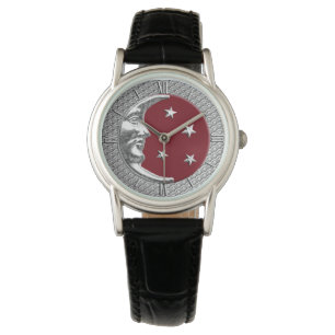 Art Deco Mond Mond und Sterne, dunkelrot und silbe Armbanduhr