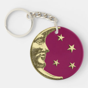 Art Deco Mond und Sterne - Burgund und Gold Schlüsselanhänger