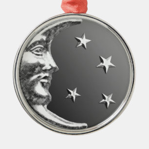 Art Deco Mond und Sterne - Grau und Silber Ornament Aus Metall
