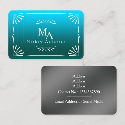 Art Deco Monogram Blue Personal Visitenkarte (Vorne/Hinten)