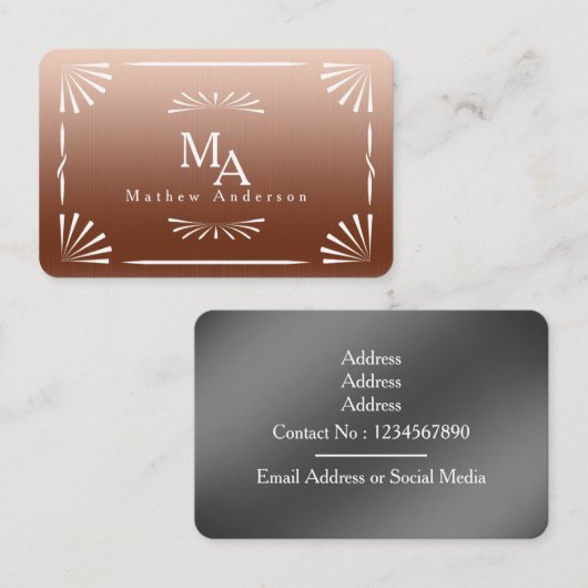 Art Deco Monogram Copper Personal Visitenkarte (Vorne/Hinten)