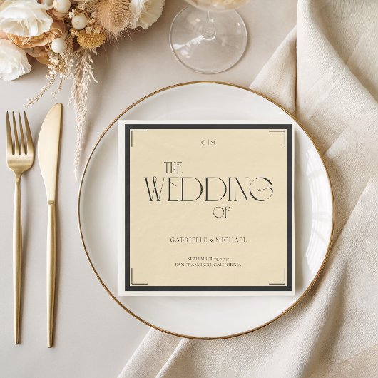Art Deco Monogram Hochzeitsserviette Schwarz Creme Serviette