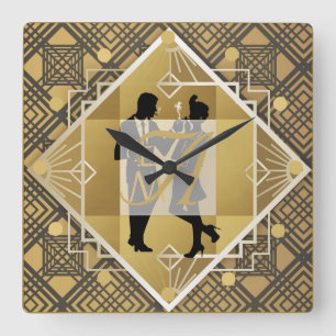 Art Deco Monogramm Flapper-Paar Frischvermählte De Quadratische Wanduhr
