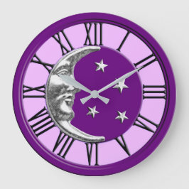 Art Deco Moon and Stars - Amethyst Lila & Silver Große Wanduhr