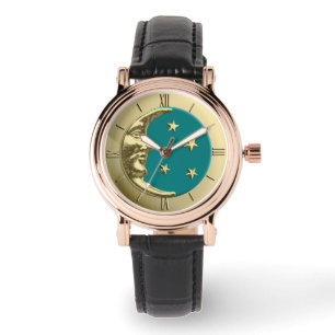 Art Deco Moon and Stars - Aquamarin und Gold Armbanduhr