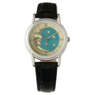 Art Deco Moon and Stars - Aquamarin und Gold Armbanduhr