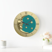Art Deco Moon and Stars - Aquamarin und Gold Große Wanduhr (Zuhause)