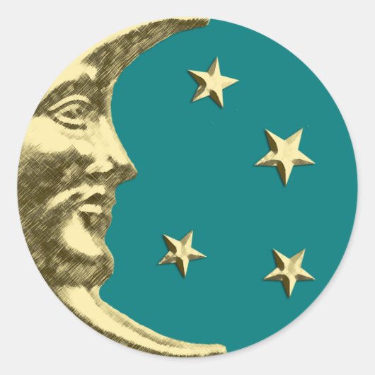 Art Deco Moon and Stars - Aquamarin und Gold Runder Aufkleber (Vorderseite)