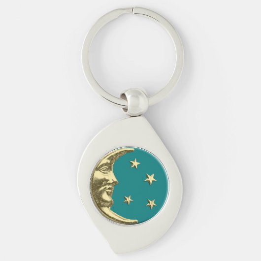 Art Deco Moon and Stars - Aquamarin und Gold Schlüsselanhänger (Vorderseite)