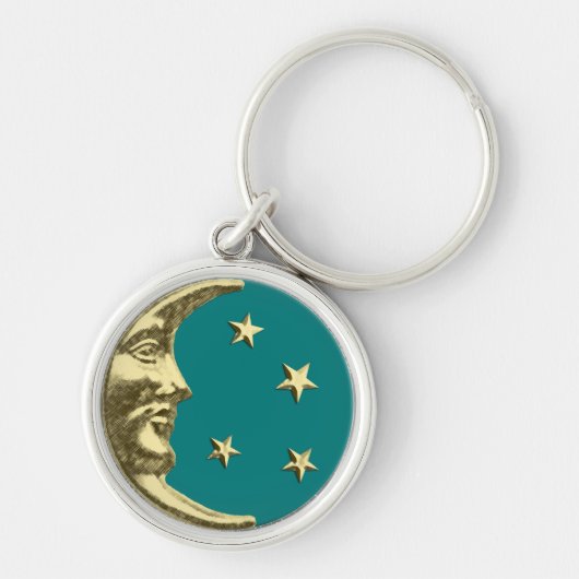 Art Deco Moon and Stars - Aquamarin und Gold Schlüsselanhänger (Vorne)