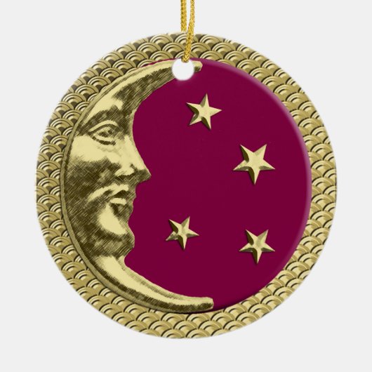Art Deco Moon and Stars Burgund & Gold Hintergrund Keramik Ornament (Vorne)