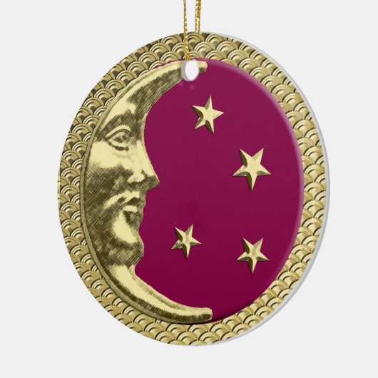 Art Deco Moon and Stars Burgund & Gold Hintergrund Keramik Ornament (Links)